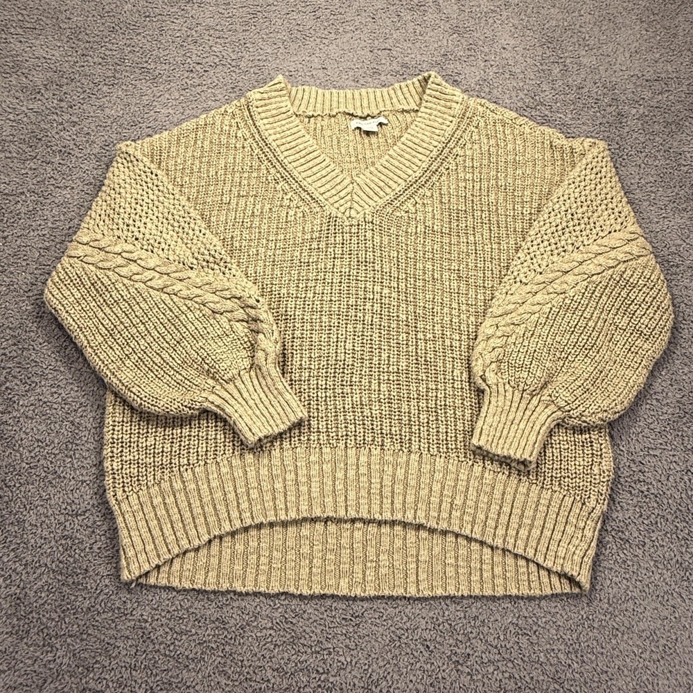 American Eagle Sweater‎ Womens Medium V Neck Cable Knit Balloon Sleeve Pullover